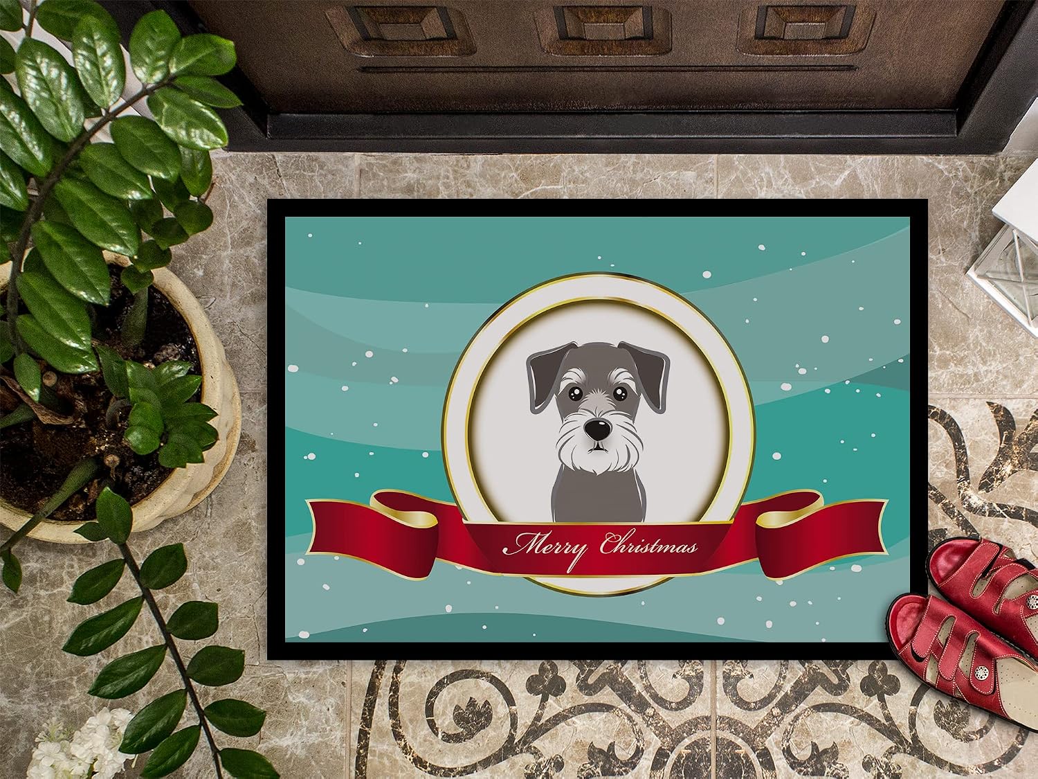 Caroline's Treasures BB1516JMAT Schnauzer Merry Christmas Doormat 24x36 Front Door Mat Indoor Outdoor Rugs for Entryway, Non Slip Washable Low Pile, 24H X 36W