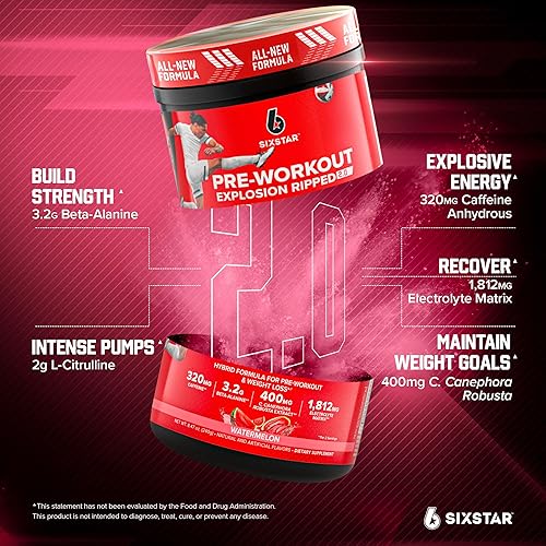 Miniatura 3 de Six Star Pre-Workout Explosion Ripped 2.0 Watermelon - Polvo de resistencia con cafeína, beta-alanina, tampón de ácido láctico, recuperación de