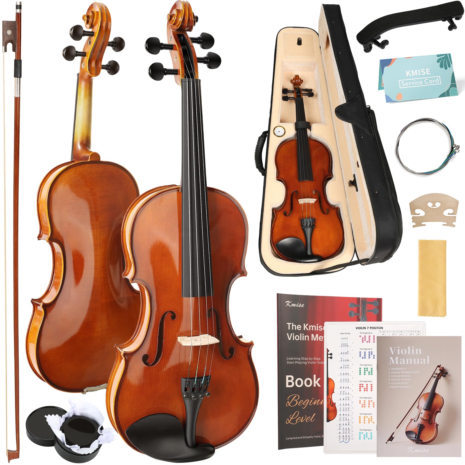 Kmise Violine 4/4 Full Set High Density Ebenholz Violinen Glänzend Akustische Geige für Erwachsene Anfänger Studenten mit Violinkoffer Kolophonium Saiten Bogen Schulterstütze & Führung (Rotbraun 4/4)