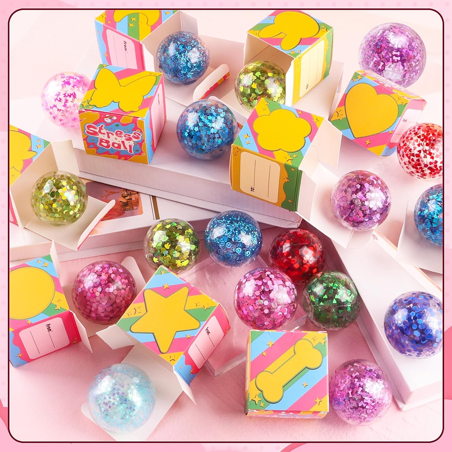 24 Pack Stress Balls for Kids, Glitter Squeeze Toys, Squishy Fidget Toys, Party Favors for Kids, Goodie Bag Stuffers with Gift Box,Classroom Gift Exchange