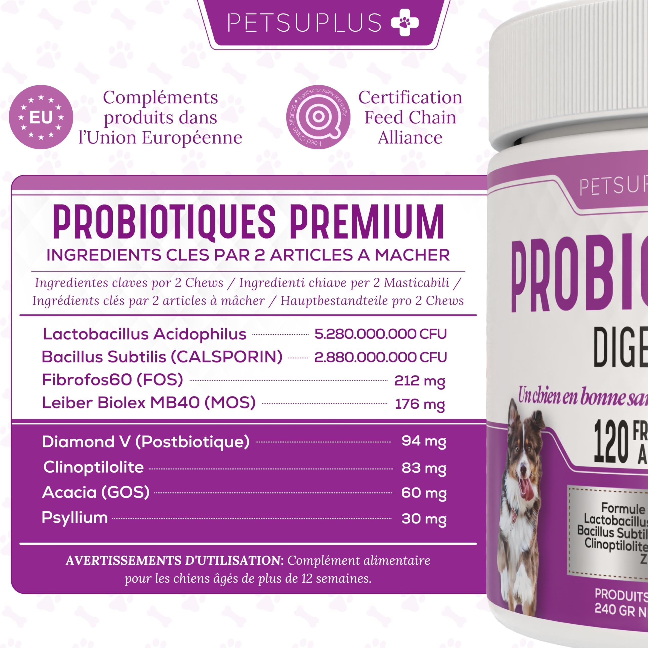 Probiotique Chien - Complement Alimentaire Chien pour la Digestion - Probiotiques Santé Flore Intestinale et Système Immunitaire - Anti Diarrhée, Gaz et Vomissements - 120 Comprimés