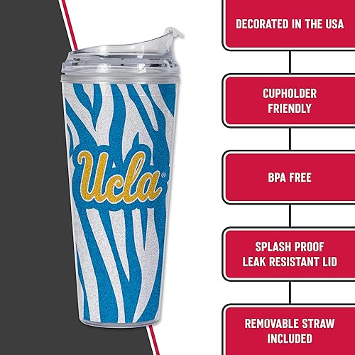 Miniatura 139 de Rico Industries NCAA - Vaso de acrílico con purpurina de 24 onzas con tapa con bisagras, vaso de doble pared con licencia oficial y popote Brillo