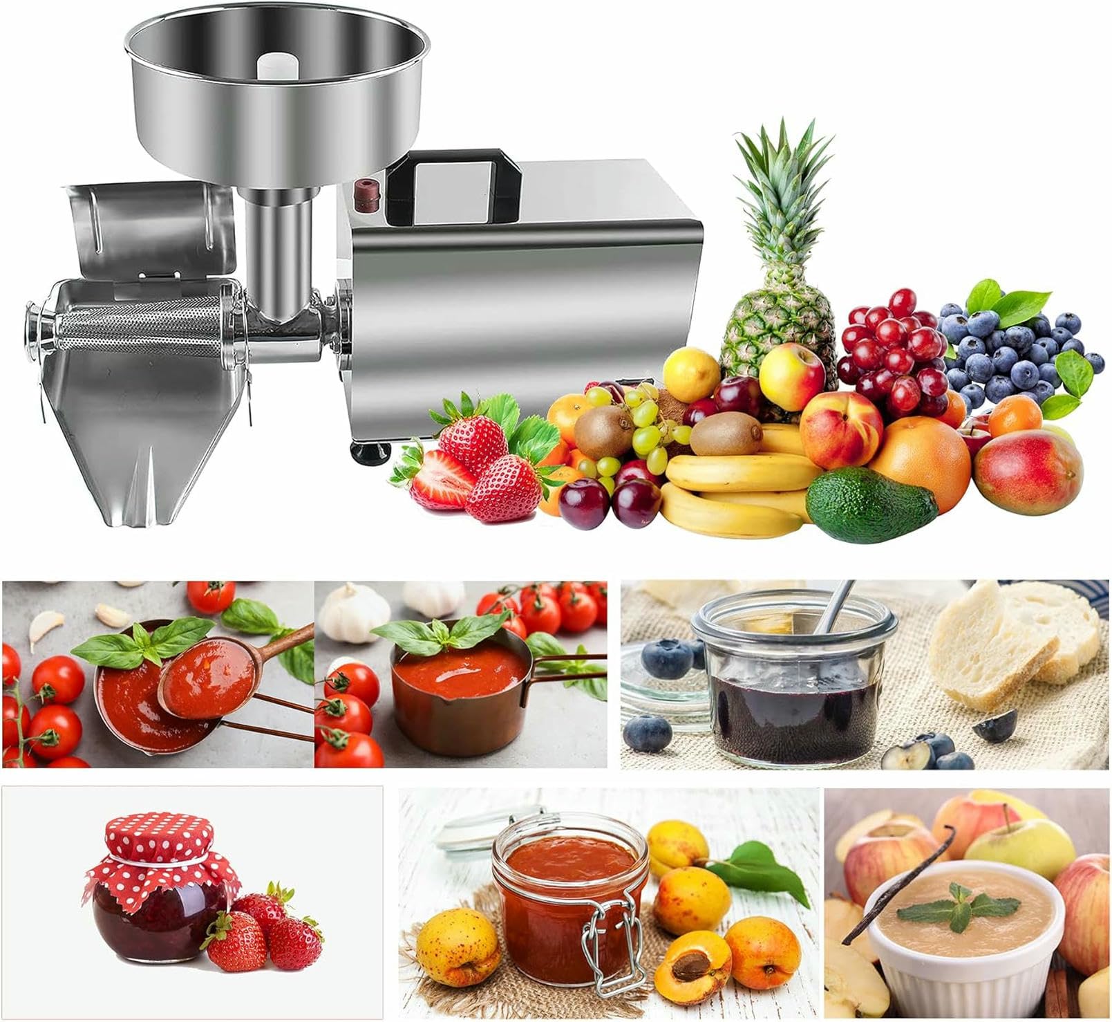 Elektrisches Tomatensieb und Soßenmacher, Edelstahl Obstpresse für hausgemachte Pürees, Marmeladen und Konserven