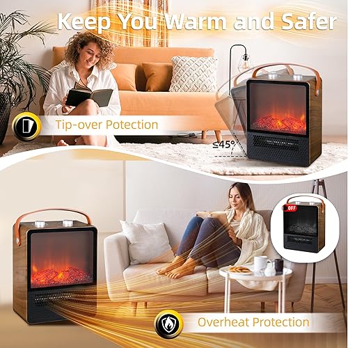 Miniatura 5 de RealSmart Pequeña chimenea eléctrica de 1500 W, calentador portátil para uso en interiores, 4 modos ajustables, mini chimenea de cerámica 3D,