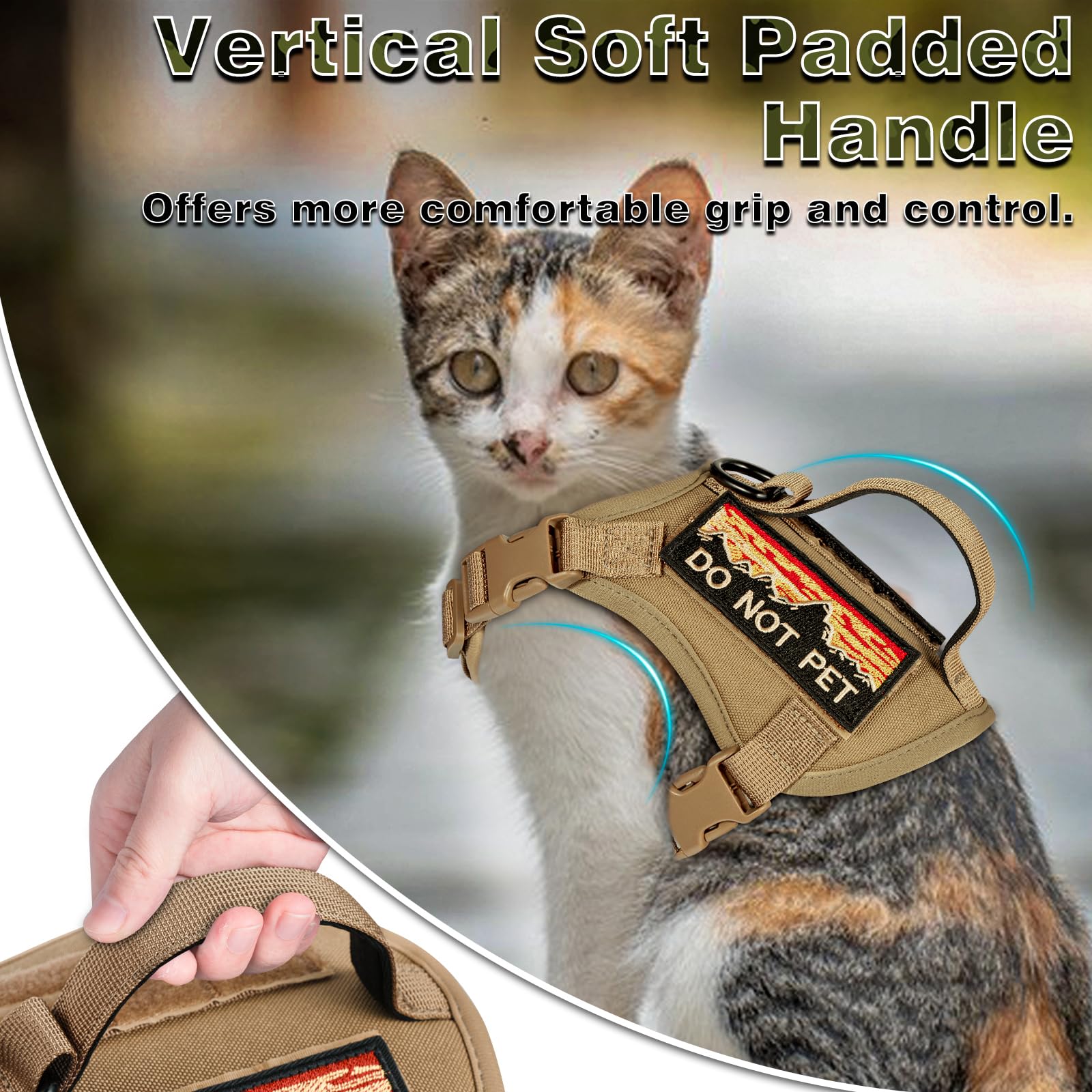 Set di pettorina e guinzaglio tattico per gatti, regolabile, a prova di fuga, per gatti di grandi dimensioni, facile da controllare, traspirante, con manico, toppe Molle (cachi + guinzaglio