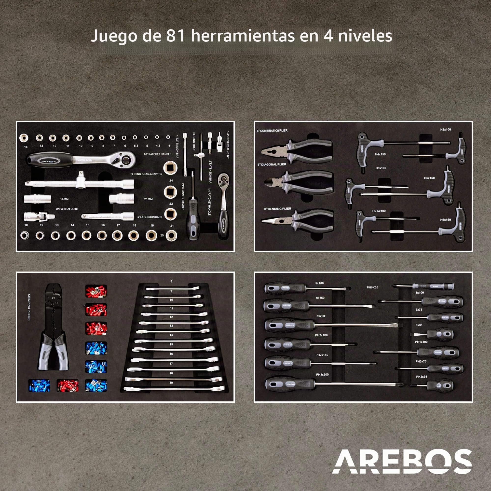 Arebos Carro de Taller con 4 Compartimentos | Incluye 81 Herramientas, Carro de Herramientas Equipado | Alfombrillas Antideslizantes | 2 Ruedas con Freno de estacionamiento | Rojo
