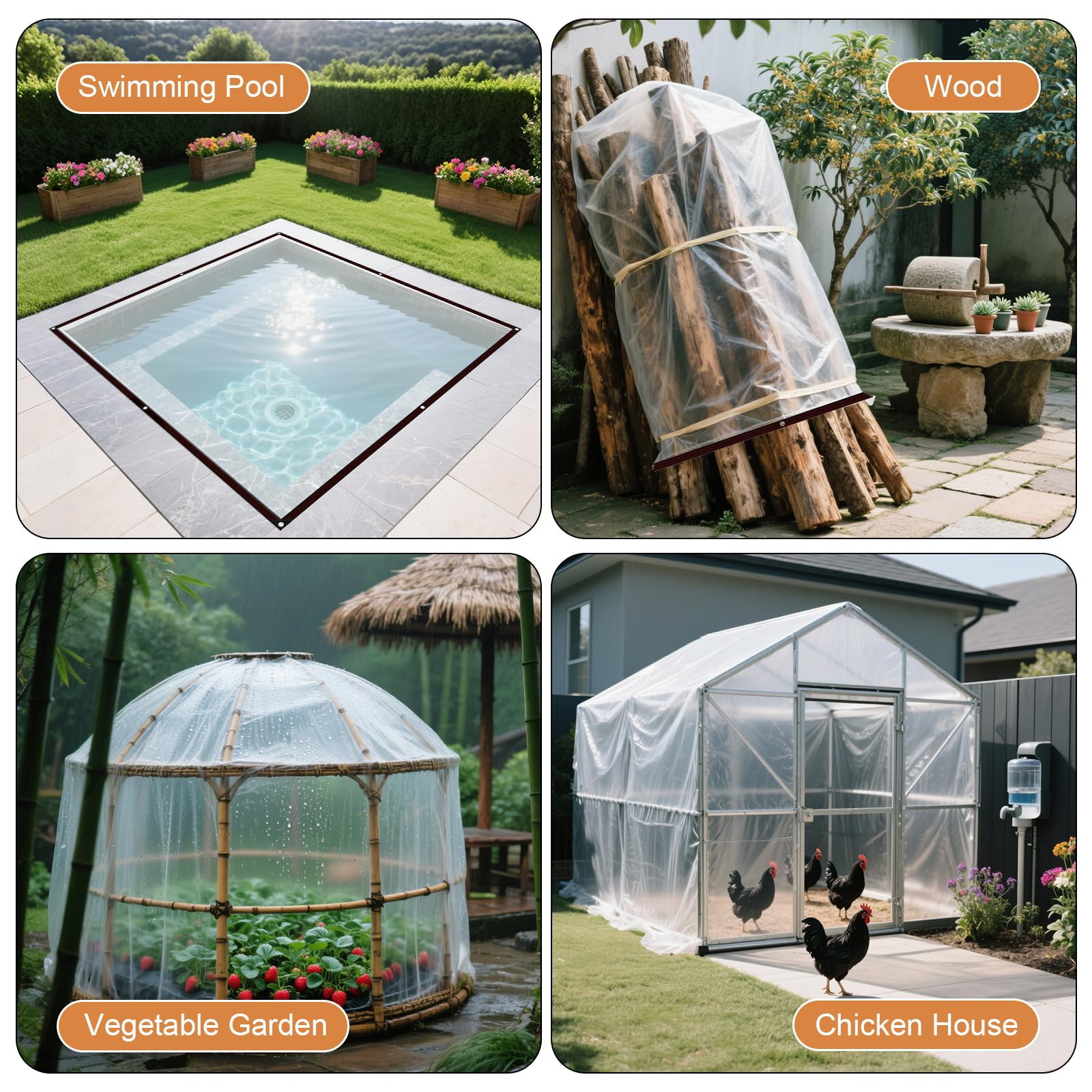 Telone Trasparente con Occhielli 2 x 2m Telo Impermeabile Trasparente Telone Impermeabile Esterno con Corda da 5m Telo di Copertura in PVC per Campeggio Piante Balcone Serra Mobili da Giardino
