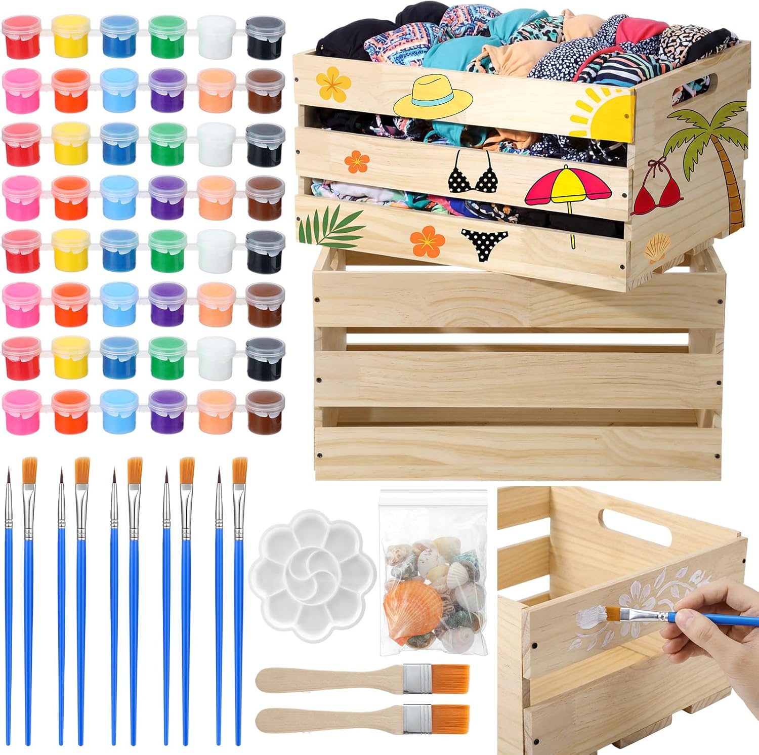 BreezeHug 2 Pack DIY Bikini Box Kit 16.1x11.8x9.4 Inch Unfinished Wooden Crate with 4 Sets of 12 Color Paint 2 Brushes 1 Palette 1 Pack for Custom Beach Themed Crafts Organization