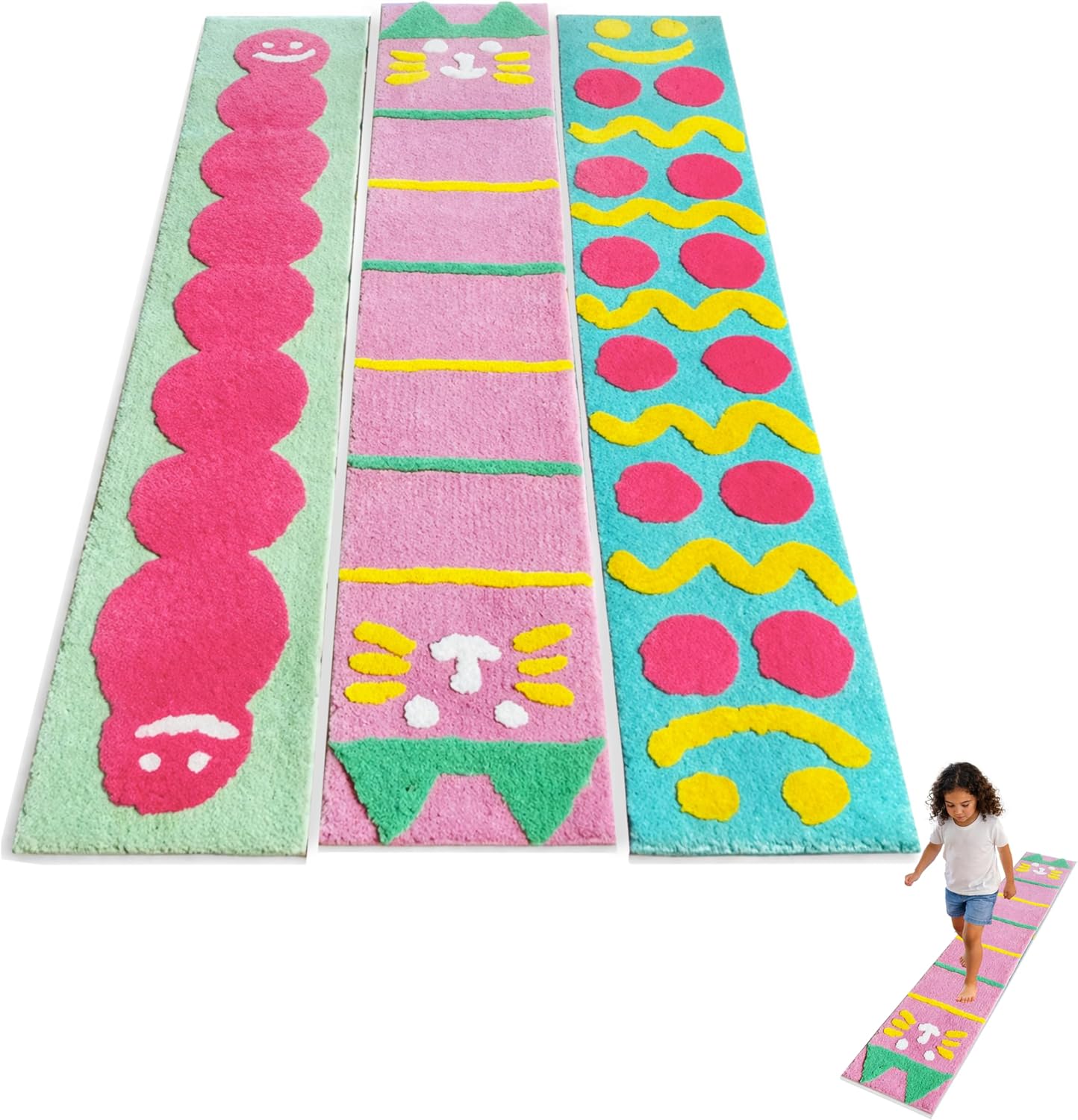 Modular Play Rug Set, 3-Piece Washable Area Rug, Soft Interactive Stepping Path Runner with Pattern Design for Home & Play, Bedroom, Living Room (3, Sunny Steps)
