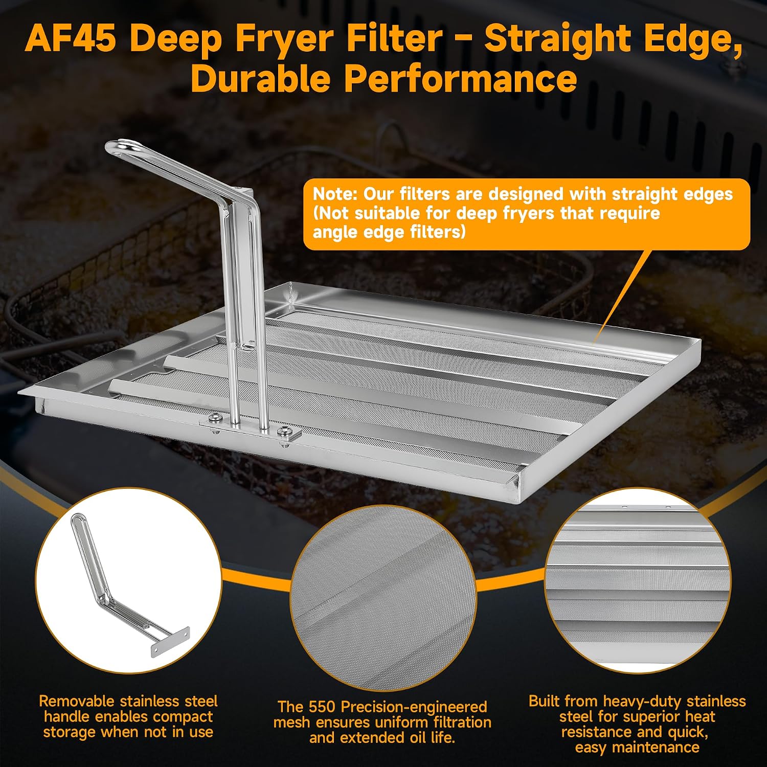 Commercial Deep Fryer Oil Filter Screen AF45 with Deep Fryer Crumb Scoop 550 Micron Mesh, 13.75" x 13.75" Straight Edge Design, Extends Oil Life for Restaurant Kitchens