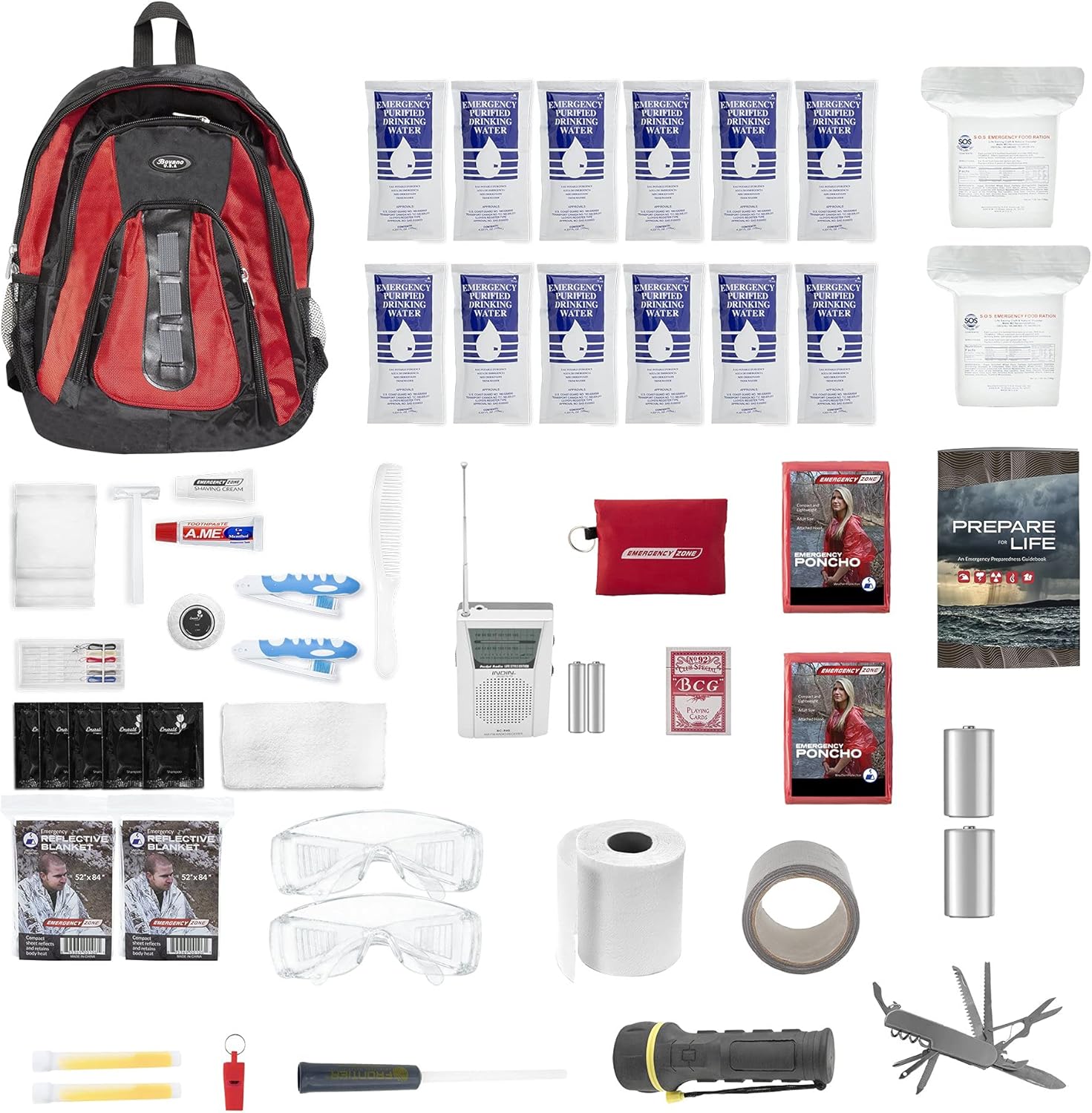 Emergency Zone The Essentials Complete Deluxe Survival 72-Hour Kit, Prepare Your Family for Hurricanes, Earthquakes, FLOODS, Emergency Disaster Go Bag- Available in 2 & 4 Person, Red or Black Bag - - 