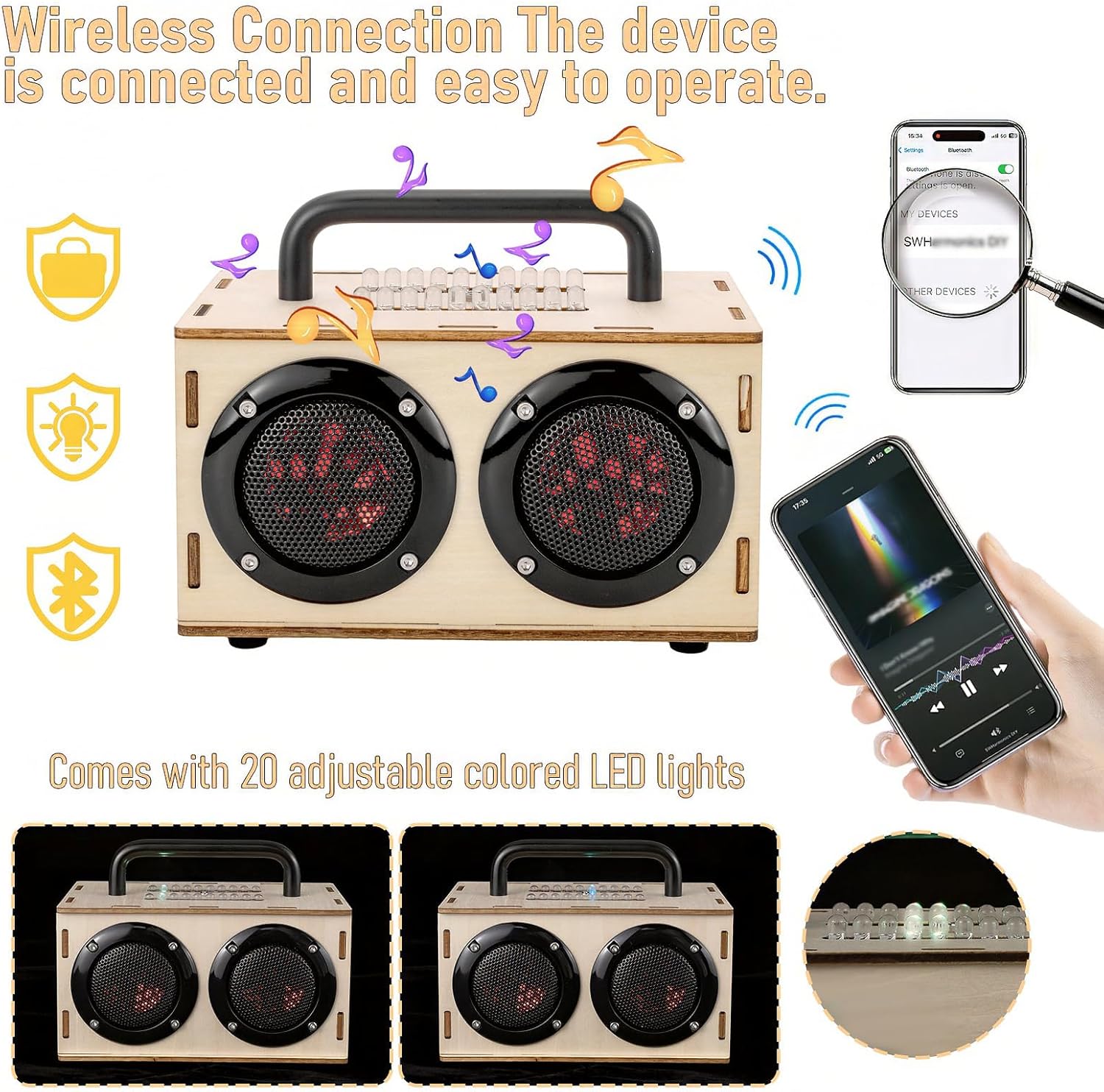 DIY Bluetooth Speaker Kit with Black Metal Handle - STEM Projects for Kids & Adults Age 8-12, Build Portable Speaker with LED Light, Science Experiment Electronics Set, Birthday Gifts for Boys & Girls