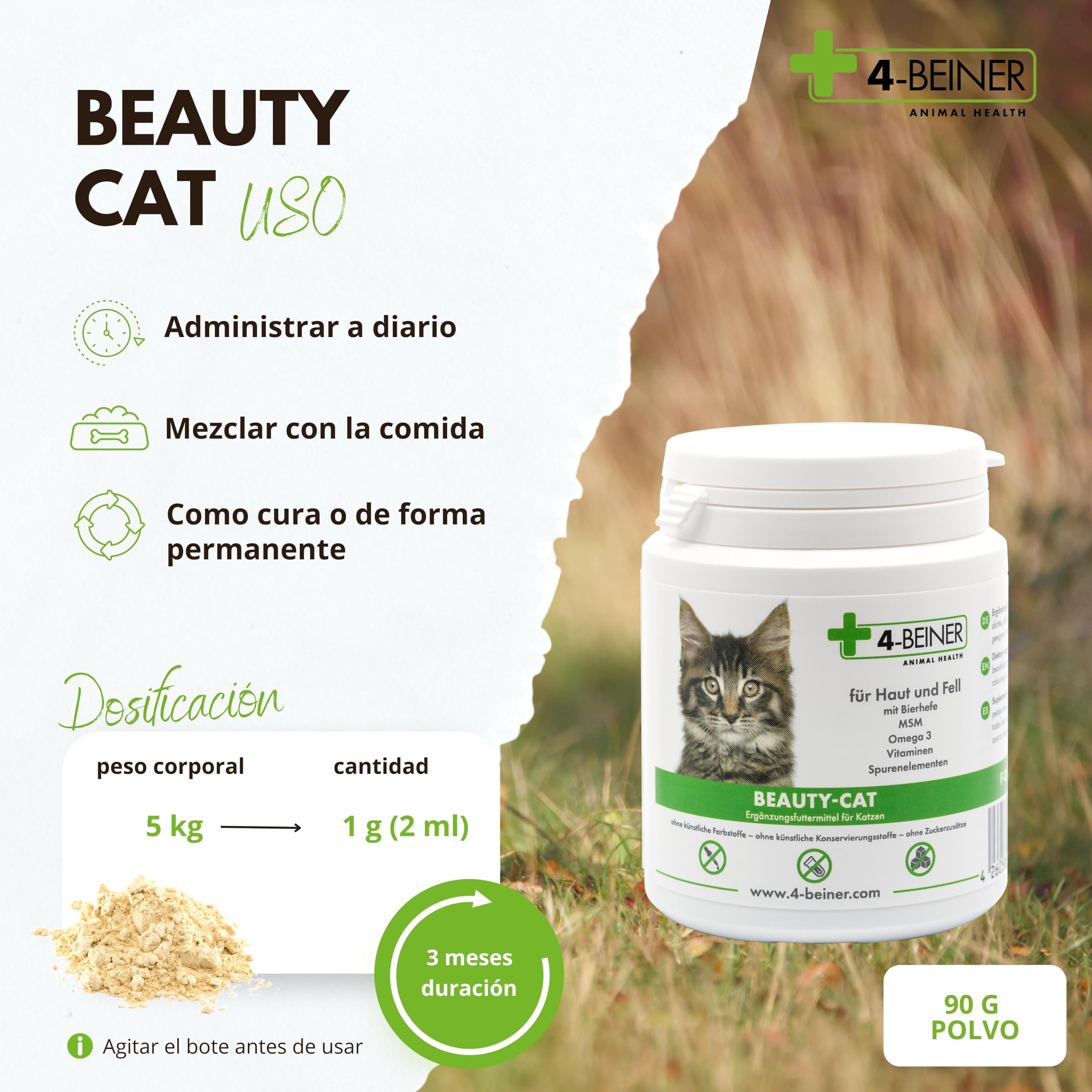 4-Beiner Beauty-Cat: multivitaminas para Gatos con Omega 3, MSM, Complejo de Vitamina B, Vitamina C, biotina, Cardo Mariano, levadura de Cerveza, Zinc, YODO, Selenio