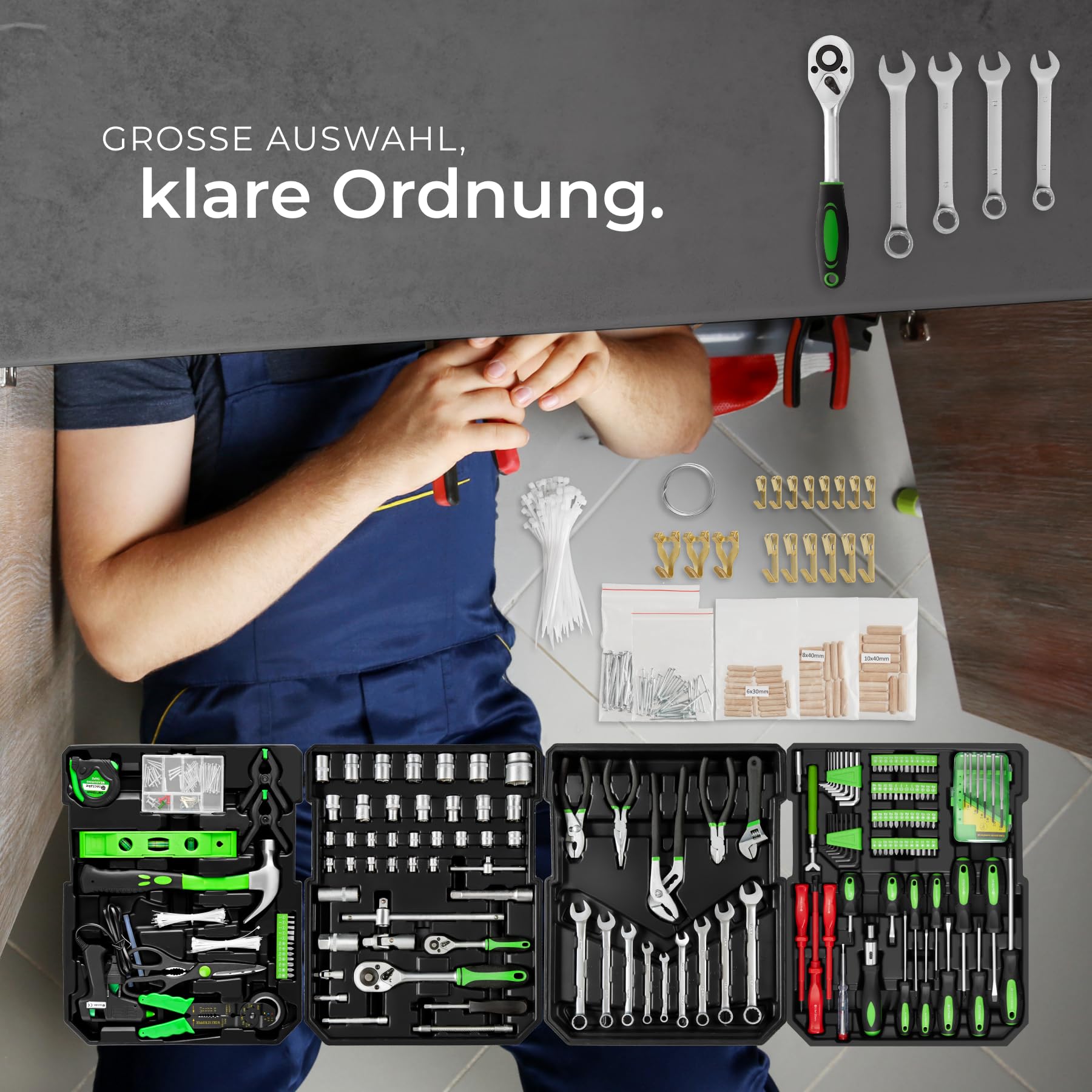 tectake® Werkzeugkoffer, Werkzeugset, Werkzeugkoffer gefüllt 1200-teilig, Werkzeugtrolley, Werkzeugkiste mit 4 Ebenen, Alu Koffer mit Rollen, Teleskopgriff, 2 Schnappverschlüsse + Schlösser - schwarz