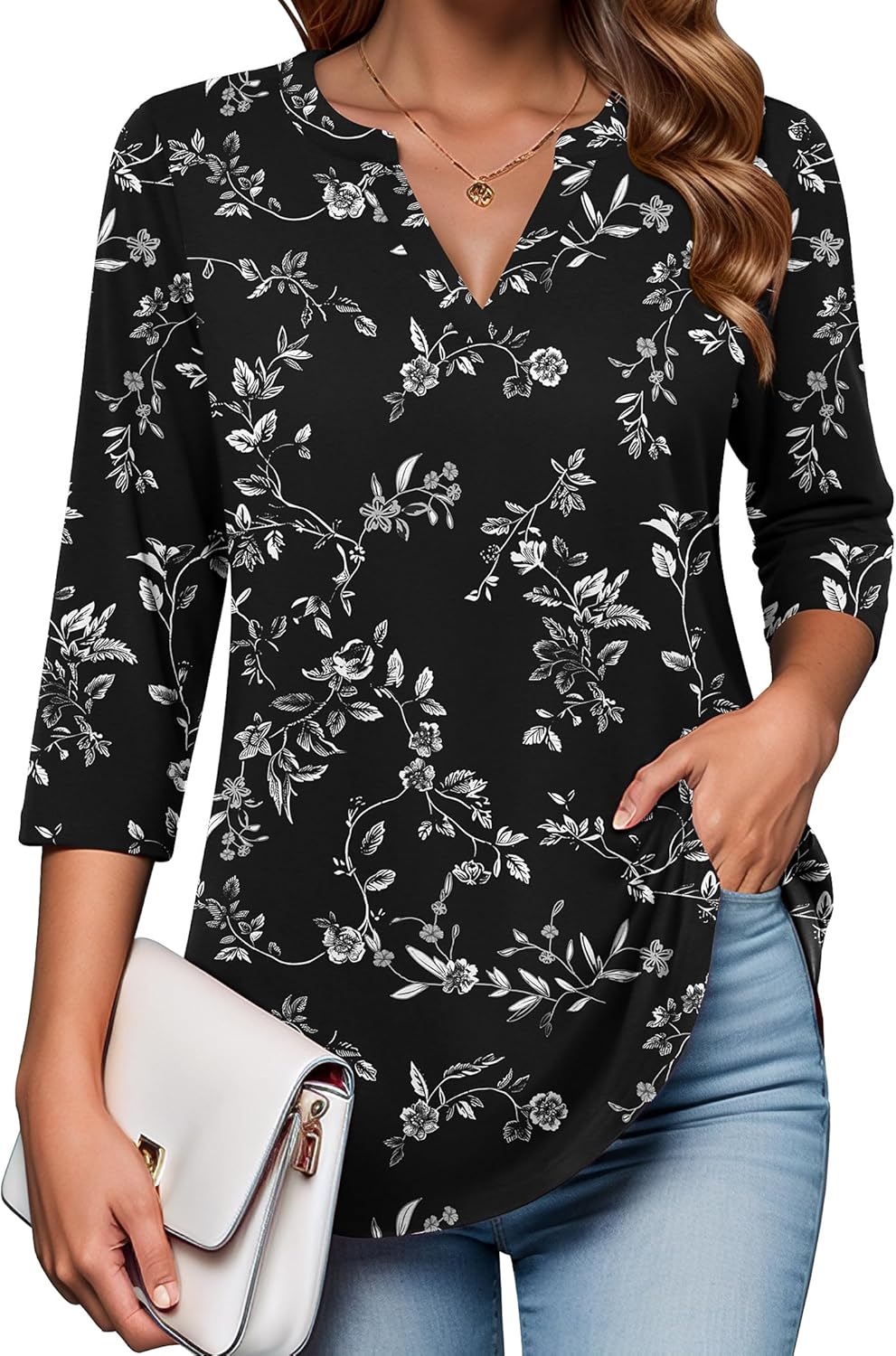 Zeagoo Womens 3/4 Length Sleeve Tops V Neck Tunic Casual Dressy Blouse Floral Printed T Shirts
