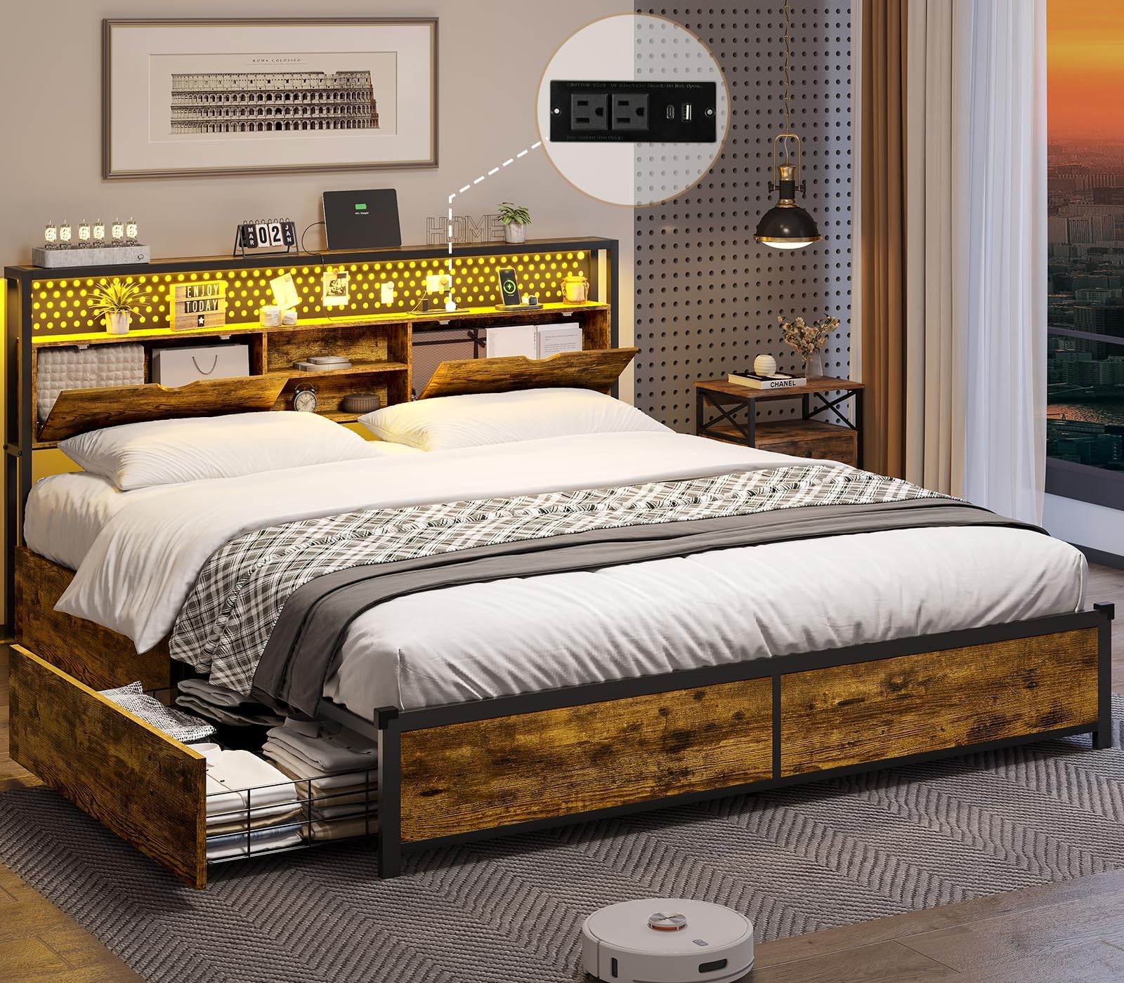 ADORNEVE Queen LED Bed Frame with Storage Headboard, Queen Size Platform Bed with Charging Station, Metal Bed Frame with Drawers, Storage Shelf Headboard, Noise-Free, Vintage Brown