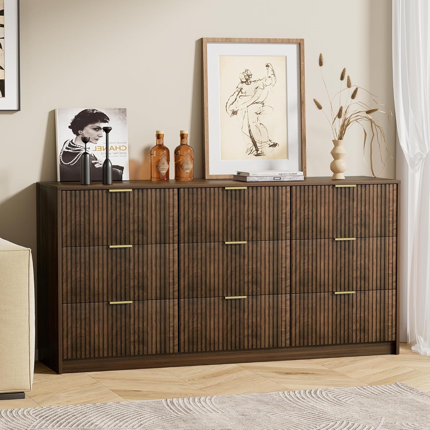 Furniway Walnut Dresser for Bedroom, Modern Dresser with 9 Drawers and Smooth Slides, Wide Chest of Drawers with Golden Handles for Bedroom, Living Room, Closet, 15.7" D x 63" W x 31.5" H