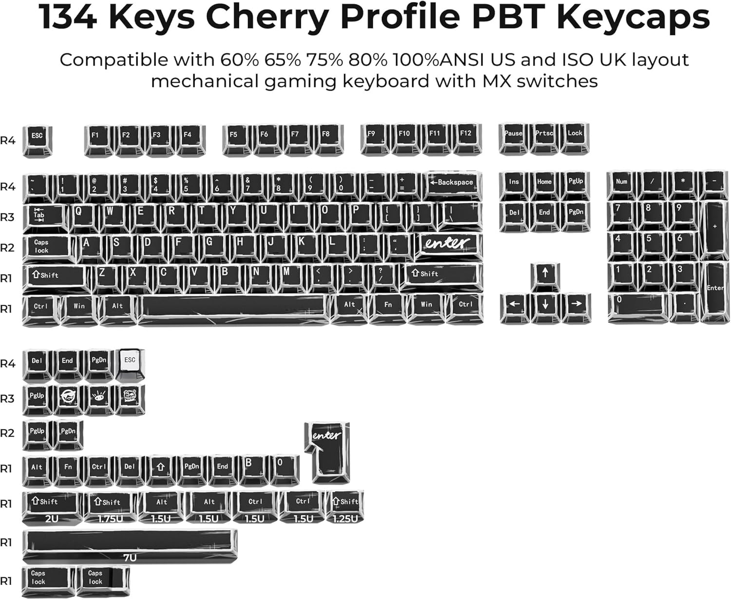 XVX Black Translucent Keycaps,PBT Keycap Set Cherry Profile,Dye Sublimation Graffiti Keyboard Keycaps Suitable for 60% 65% 75% 80% 100% MX Switches Mechanical Keyboard