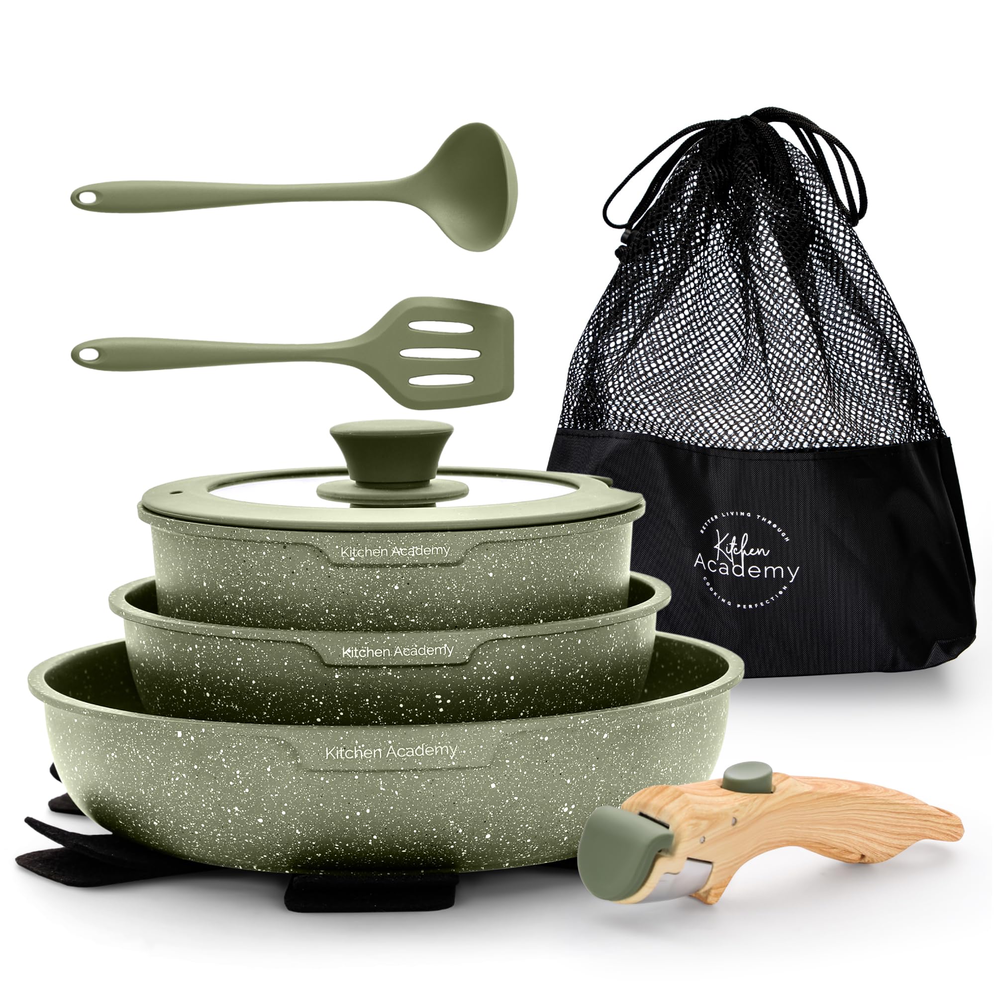 Kitchen Academy 10 PCS Batterie de Cuisine Induction avec Poignée Amovible | Batterie de Cuisine Tout Feux, Revêtement Antiadhésif en Granit Empilables Convient aux Camping-Cars et au Camping