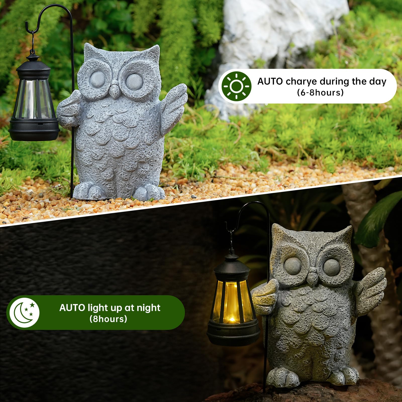 Lampe Solaire Hibou De Jardin DAZZTIME - Statue Décorative LED - Résine Résistante - Éclairage Automatique Nuit