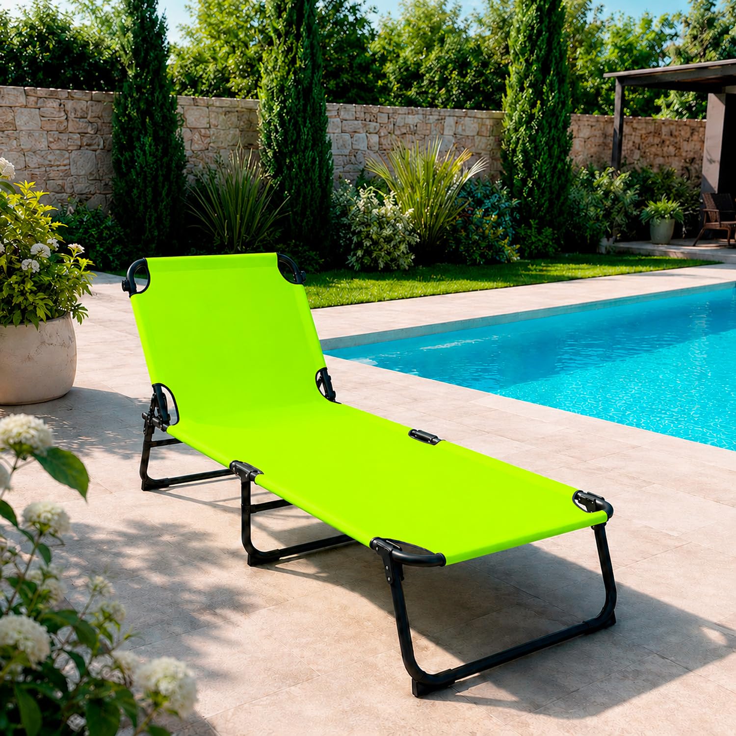 Lettino Mare Pieghevole Prendisole Schienale Regolabile Reclinabile Struttura In Metallo Nero Sedia Relax Per Spiaggia Campeggio Piscina Giardino 187 x 53 x 24 Cm (Verde Fluo)