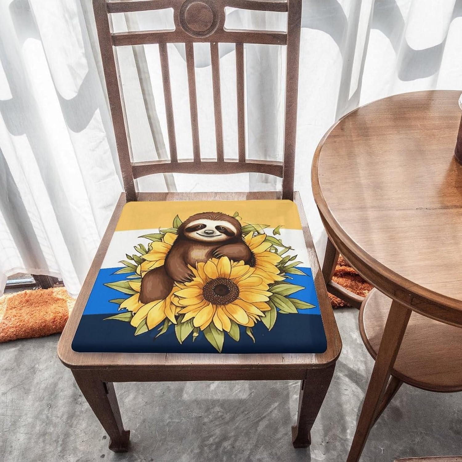 Sloth Sitting on Sunflower Chair Cushion Floor Pillow Stool Cushion | Cushions with Removable Cover with Square Memory for for Chair Living Room Balcony Office Sofa,13.8*15*1.2 Inch
