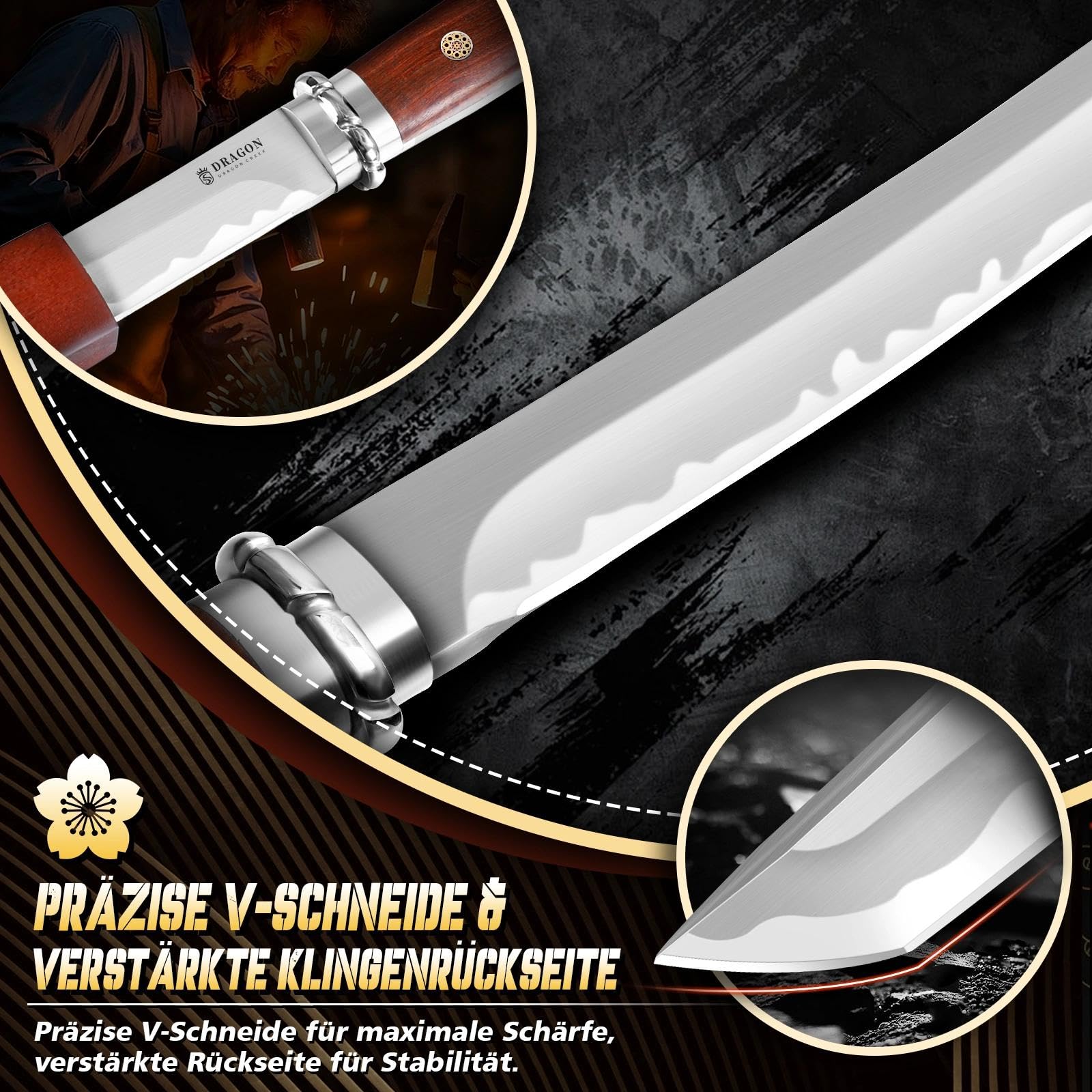 Dragon Creek Geschmiedetes Outdoor-Messer mit feststehender Klinge – Holzgriff aus rotem Sandelholz, Holzscheide, für Camping, Outdoor & Geschenk