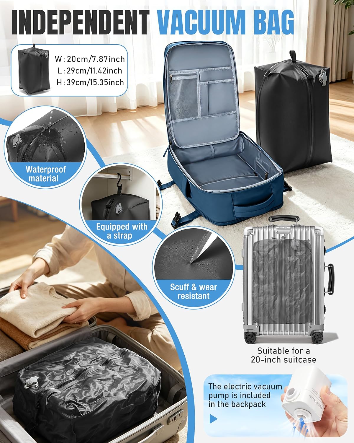 WONHOX Mochila com vedação a vácuo para viagem com bomba de ar, A33-azul, Large, Viagens WONHOX Mochila com vedação a vácuo para viagem com bomba de ar, A33-azul, Large, Viagens