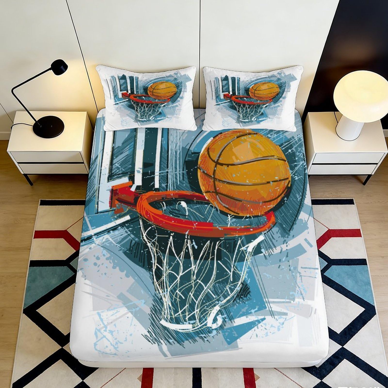 Pnayamiorkfel Style-7 3D Printed Basketball Hoop Fitted Sheet Microfiber Soft Orange Ball Bed Cover For Bedroom Dorm Mattress Decor 90X200x25cm