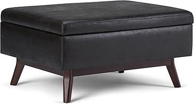 SIMPLIHOME Owen 34 inch Wide Mid Century Modern Rectangle Coffee Table Storage Ottoman in Distressed Black Vegan Faux Leather, Assembled, for the Living Room, Entryway and Family Room