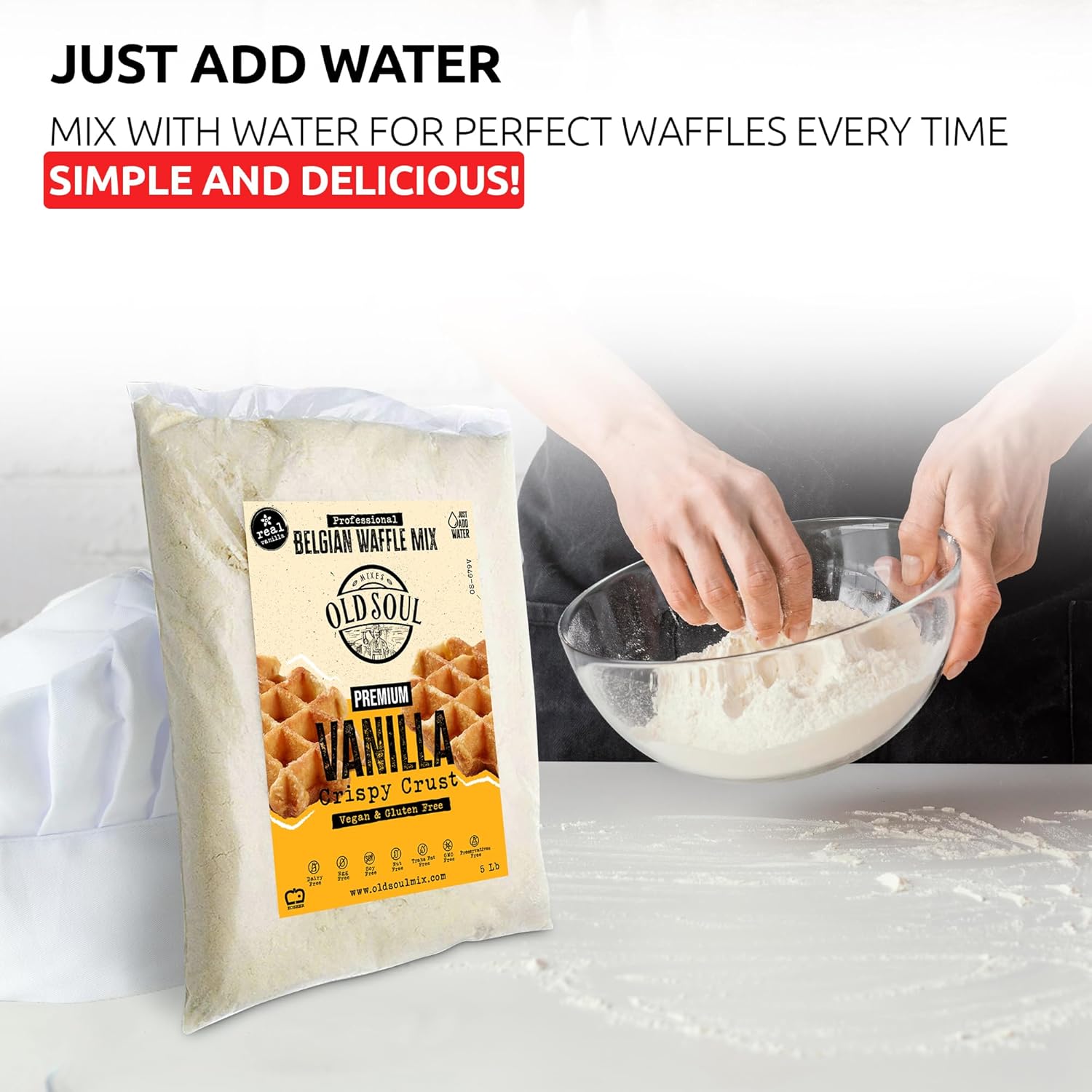 OldSoul Professional Belgian Waffle Mix | GLUTEN FREE & VEGAN | Crispy | 5 Lbs | Vanilla Flavor | 28 Waffles (5 Lbs, Gluten Free & Vegan)