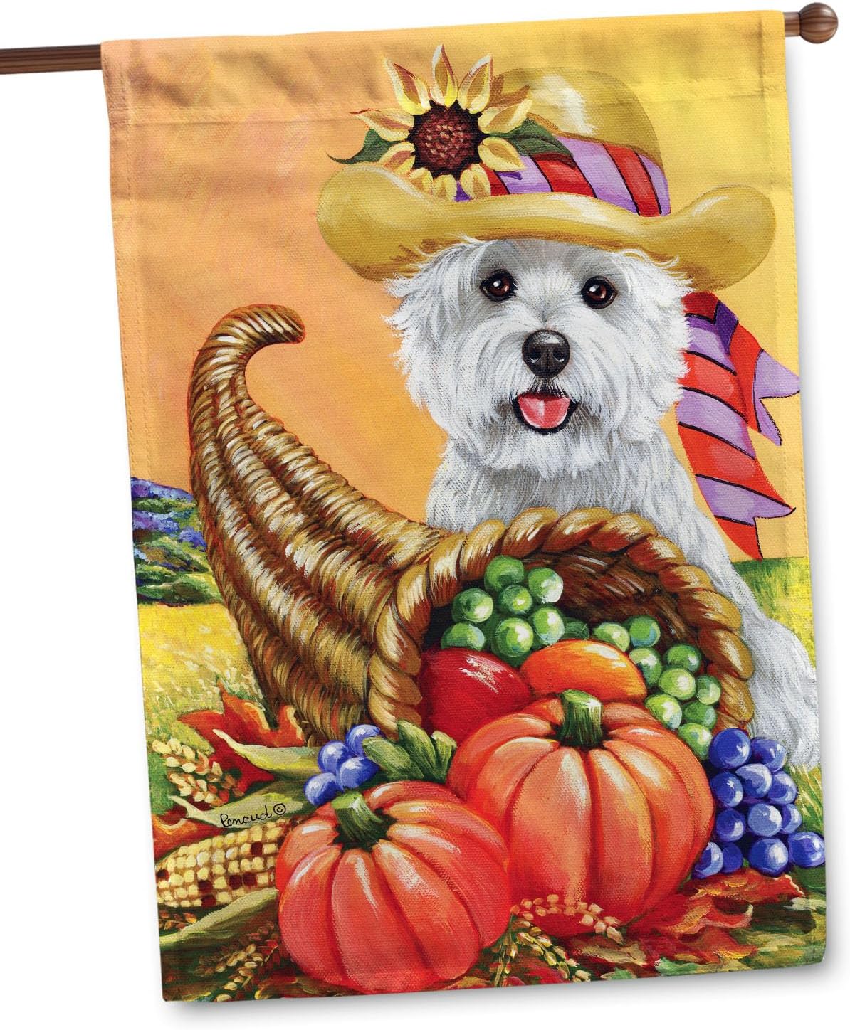 Flagology, West Highland Terrier Autumn House Flag 28" x 40", Outdoor Flag, Exclusive Premium Fabric, Dog, Westie, Fall, Precious Pets Paintings