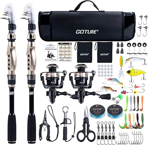 Goture Fishing Rod and Reel Combo - Carbon Fiber Telescopic Fishing Pole - Spinning Reel 9+1 Shielded Bearings Stainless Steel BB - A