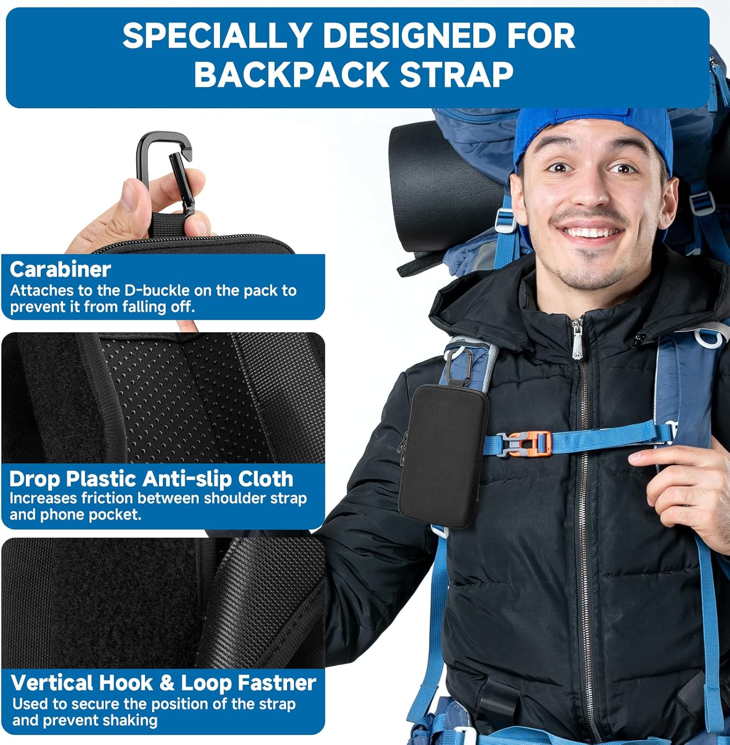 Backpack Strap Pouch Phone Holder - for 4.7-6.4 Inch Phones Even with Large Cases, Backpack Shoulder Strap Attachment Bag for Hikers, Travelers, Hunters and Commuters (Black Case Only) - Image 6
