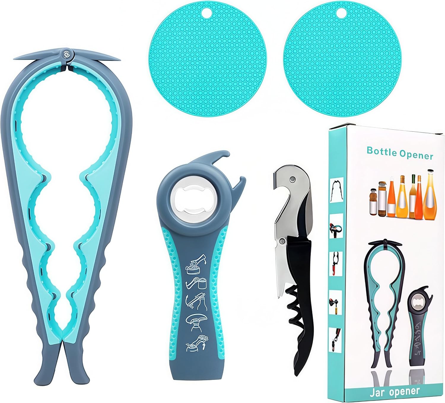 Jar Opener for Weak Hands, Seniors with Arthritis, 5-in-1 Jar & Bottle Opener Easy Grip - Non-Slip Silicone Gripper Pad, Easy Open Can/Lid Opener Set Grey Blue