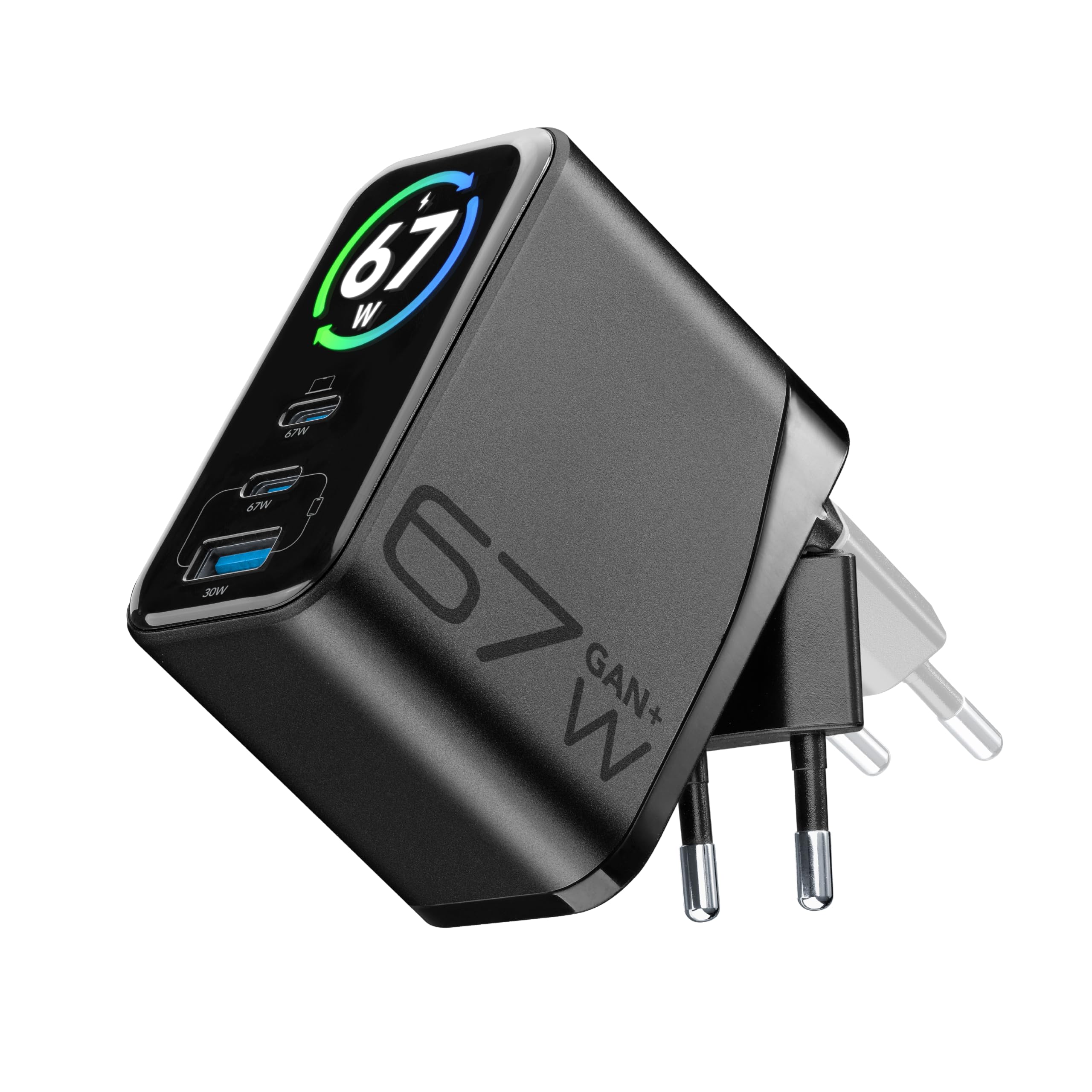 Cellularline PowerView IQ 67W Caricabatterie da Rete con Display TFT, 2 Porte USB-C PD e 1 Porta USB-A 30W, Uscita Simultanea 65W, Tecnologia GaN, Spina Pieghevole