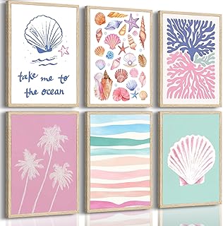 Pink and Blue Coastal Wall Art, 6 Pcs Preppy Beach Wall Decor, Unframed Canvas Posters for Bathroom Bedroom, Seashell Coral Palm Tree Ocean Prints, Neutral Boho Beach House Decor 12x16in Unframed