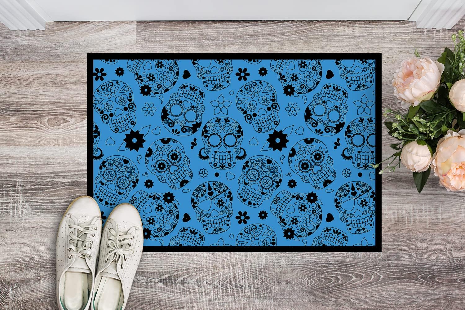Caroline's Treasures BB5120JMAT Day of The Dead Blue Doormat 24x36 Front Door Mat Indoor Outdoor Rugs for Entryway, Non Slip Washable Low Pile, 24H X 36W