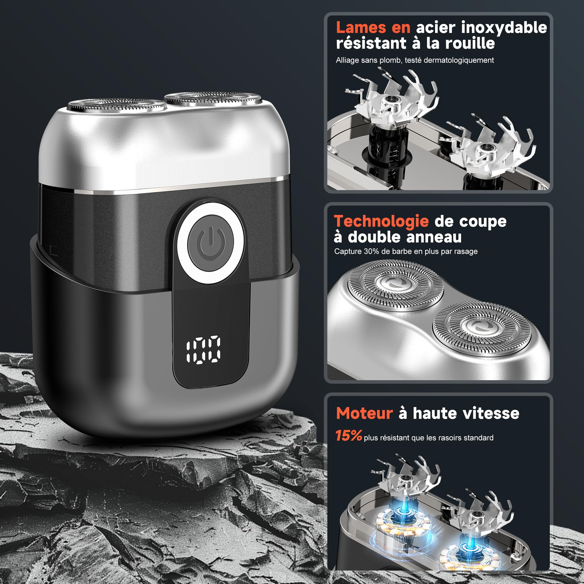 Mini Rasoir Électriques pour Hommes avec Affichage LED, Rasoir Électrique Étanche IPX6, Mini Rasoir Portable Silencieux et Lavable, Rasoir Homme Gris