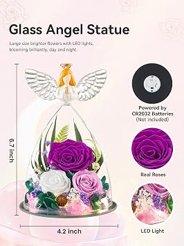Mothers Day Flowers Gifts for Mum, Preserved Rose Forever Flower in Glass Angel Figurines Real Flowers Birthday Gifts for Women, Mothers Day Roses for Grandma Wife Sister Valentines
