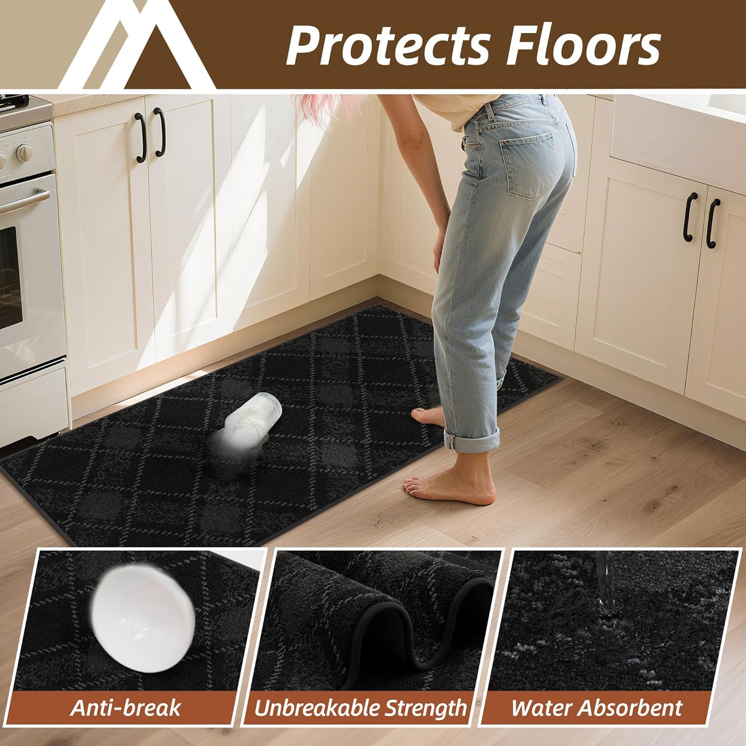 COSY HOMEER Kitchen Rugs and Mats Sets 2PCS Non-Slip Soft Kitchen Mats for Floor Absorbent and Stain Resistant Kitchen Floor Mat Washable Plaid Rugs for Kitchen,20"x32"+20"x48",Black