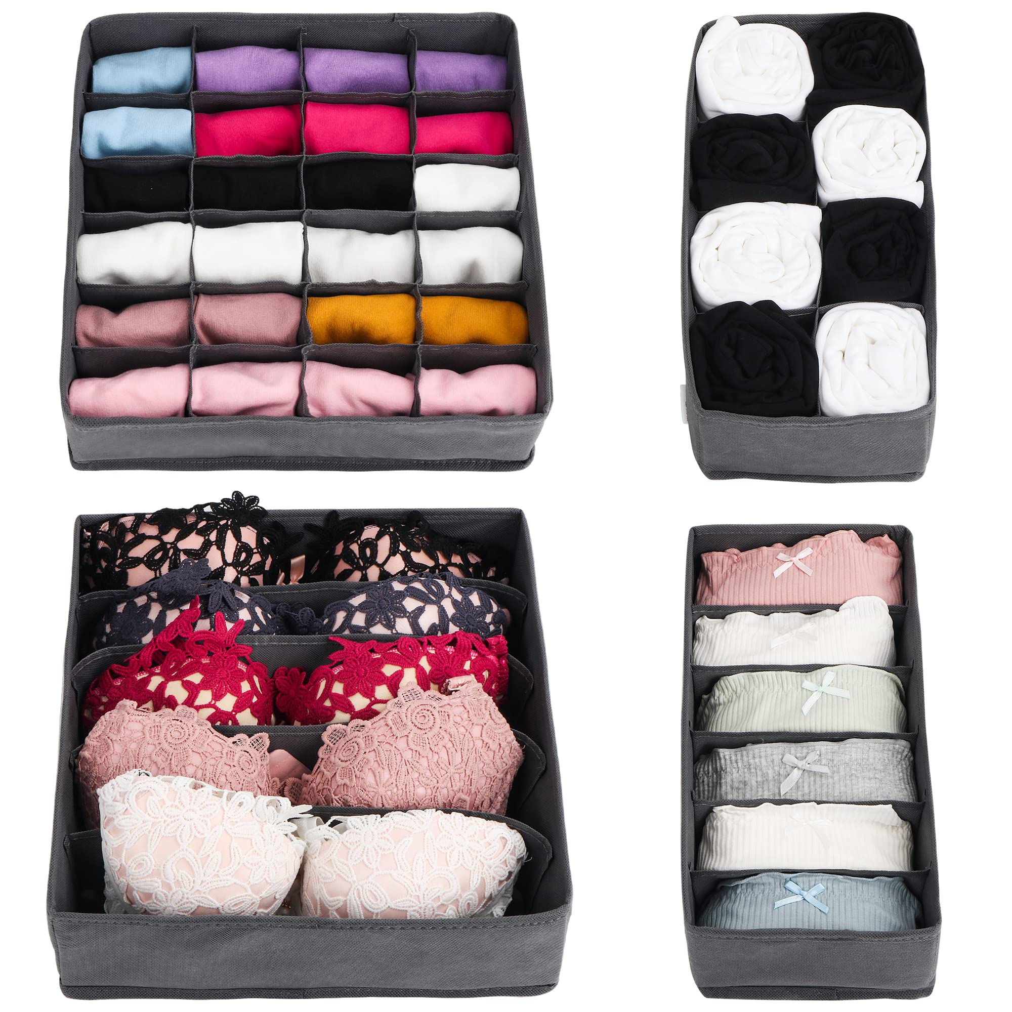 4 Organiseurs Tiroir Pliables Anayra - Tissu Gris - Pour Sous-vêtements, Chaussettes - Multi-compartiments