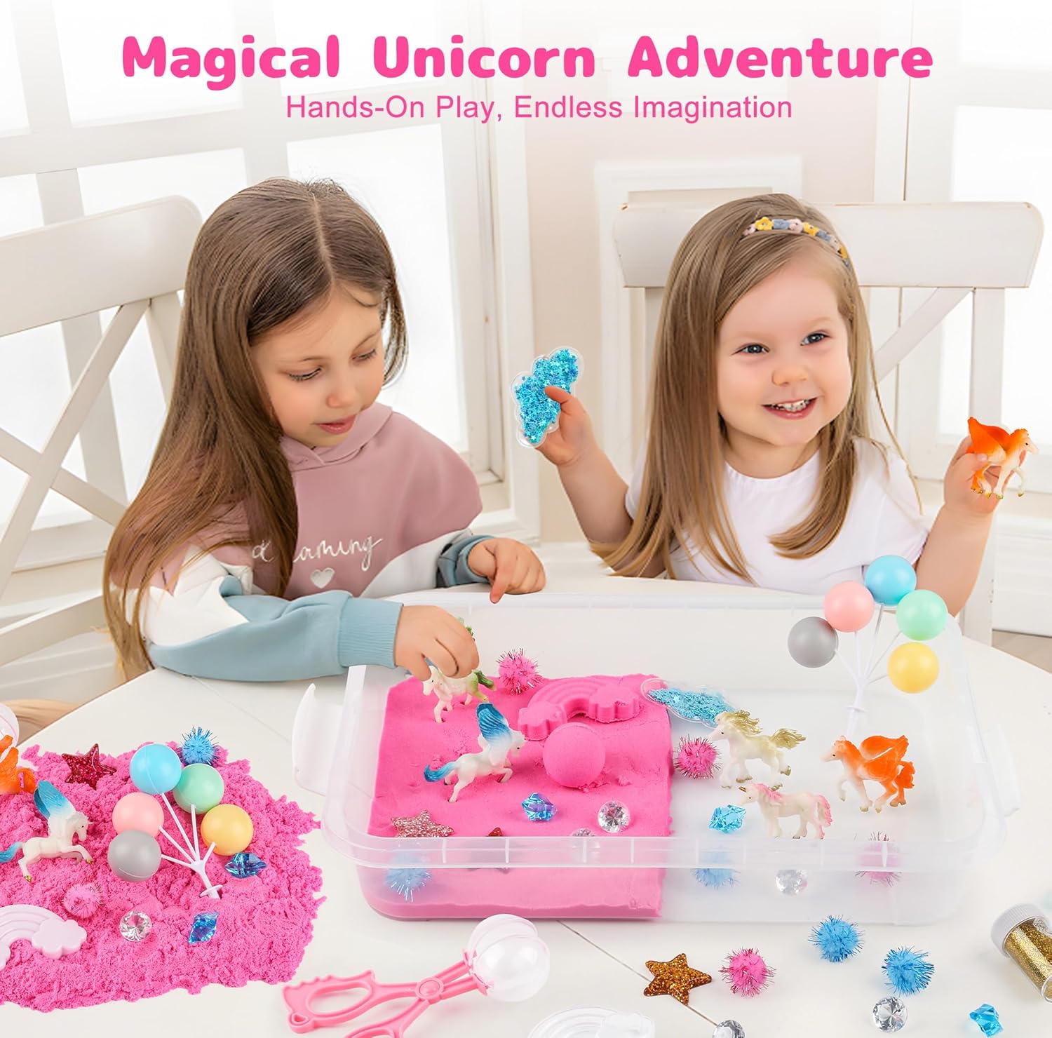 Unicorn Sensory Sand Bin-38 PCS Set with 2 lb Magic Sand, Sensory Bin for Toddlers & Scooper-Count Sparkly Pom-Poms, Bring Unicorns to Life - Ideal Gift for Kids