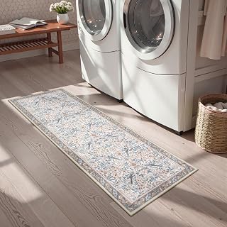 Morebes Boho Floral Washable Kitchen Runner Rugs, 2x5 Bathroom Rug Runner Non Slip, Soft Low-Pile Flower Botanical Indoor Carpet Runner for Entrance Entryway Bedroom Dorm Foyer, Beige