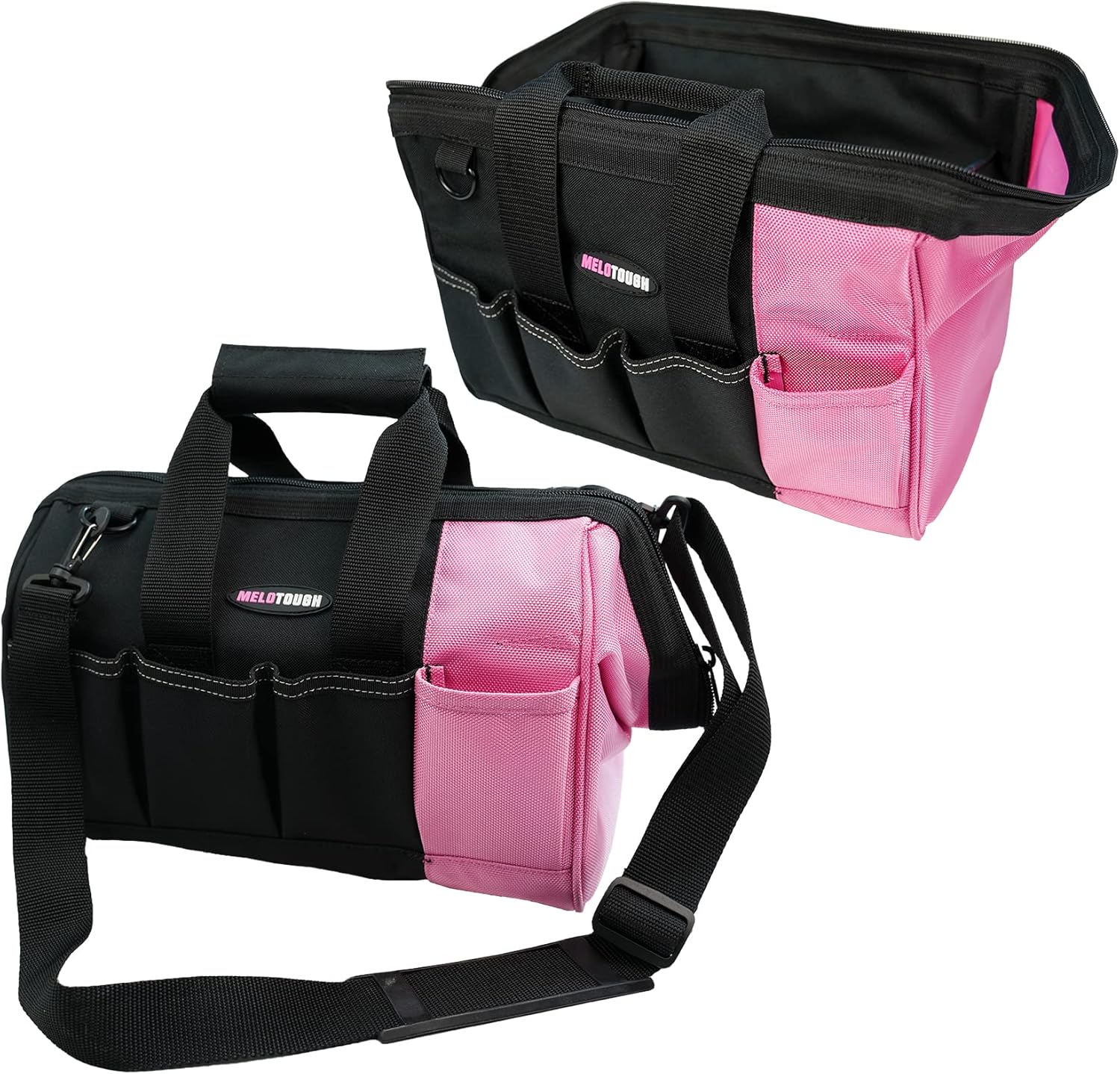 MeloTough Pink Women Tool Bag With Shoulder Strap Open Top Wide Mouth Storage Tradesman Tool Organizer Bag (12 inch, Pink)