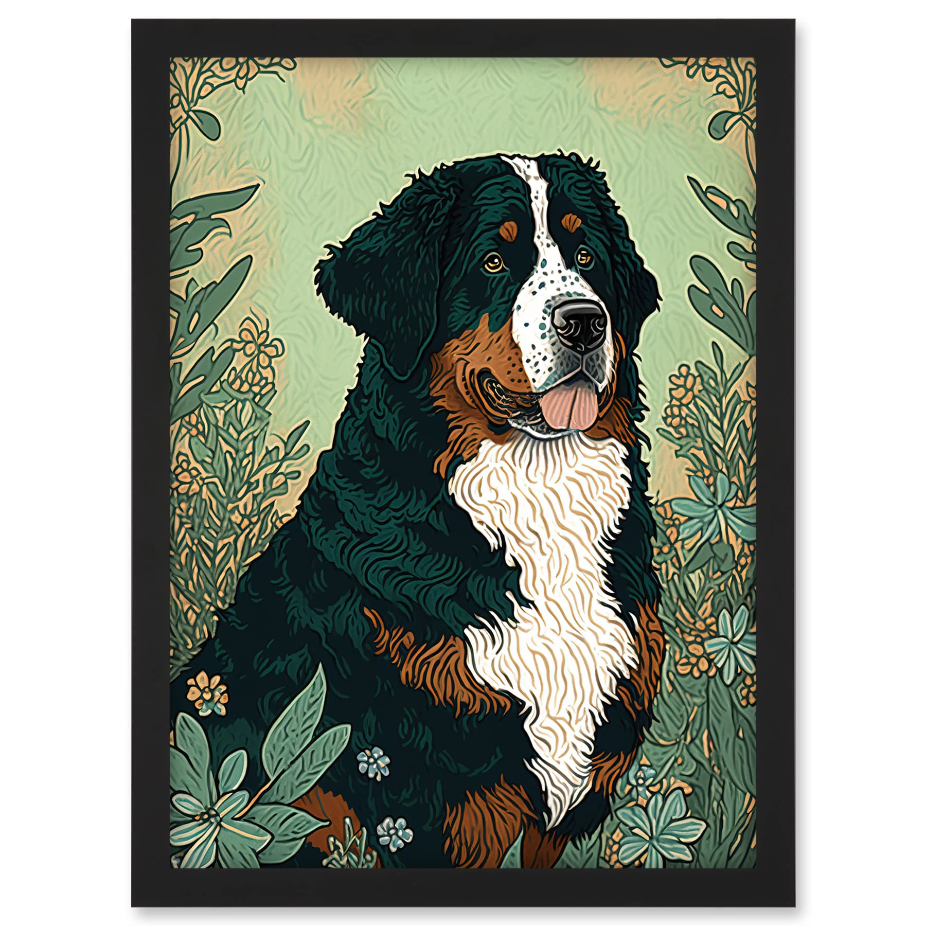 Artery8 Bernese Mountain Dog in Wildflower Field Modern Illustration Artwork Framed A3 Wall Art Print