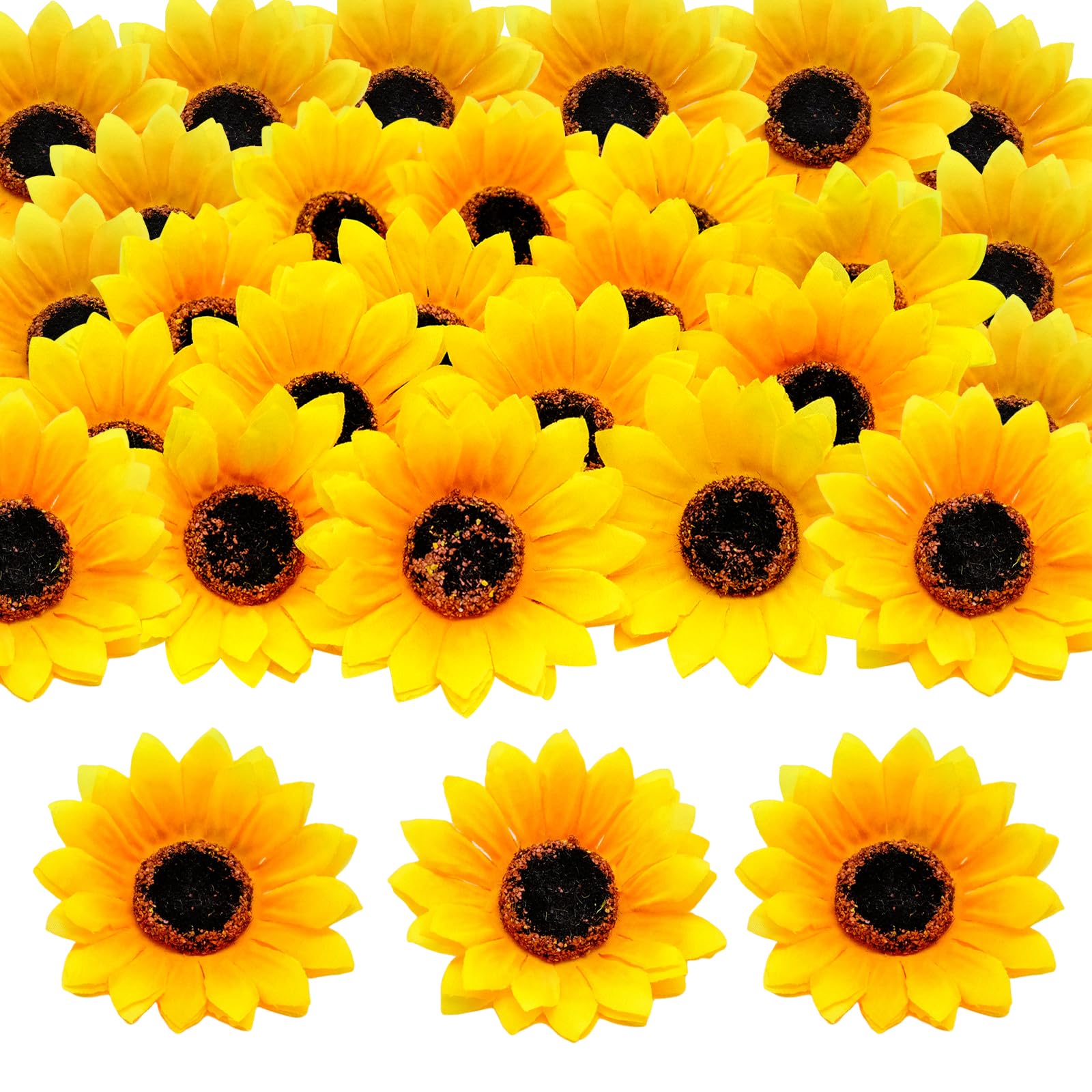HVIHWI 30 cabezas de girasol artificiales, 9 cm, decoración de girasoles, flores artificiales, flores de seda, girasoles, amarillas, para manualidades, bodas, jardín, fiestas, manualidades