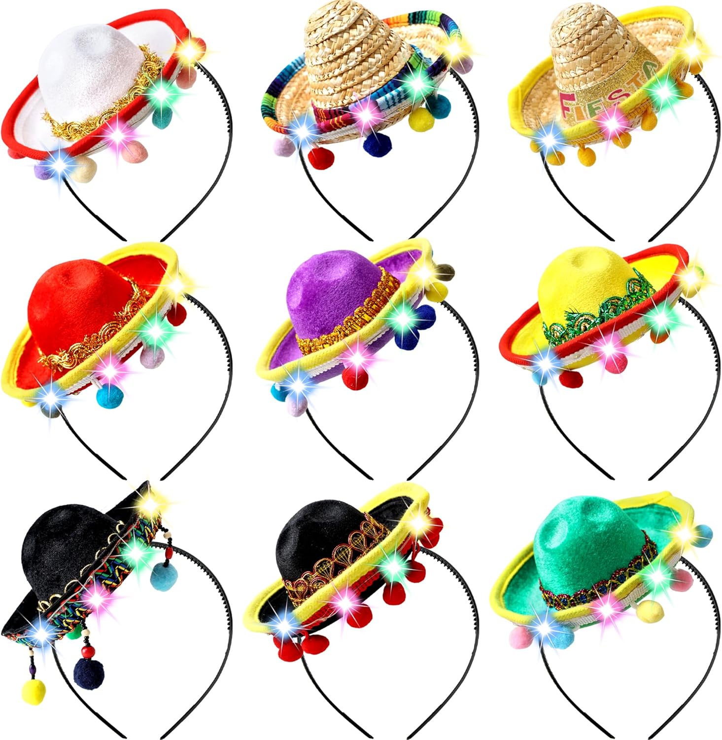 9 Pcs Light up Cinco De Mayo Fiesta Headbands Led Mexican Sombrero Headbands Small Sombrero Fabric Headbands with Lights for Luau Event Photo Props Mexican Party Favors Decos