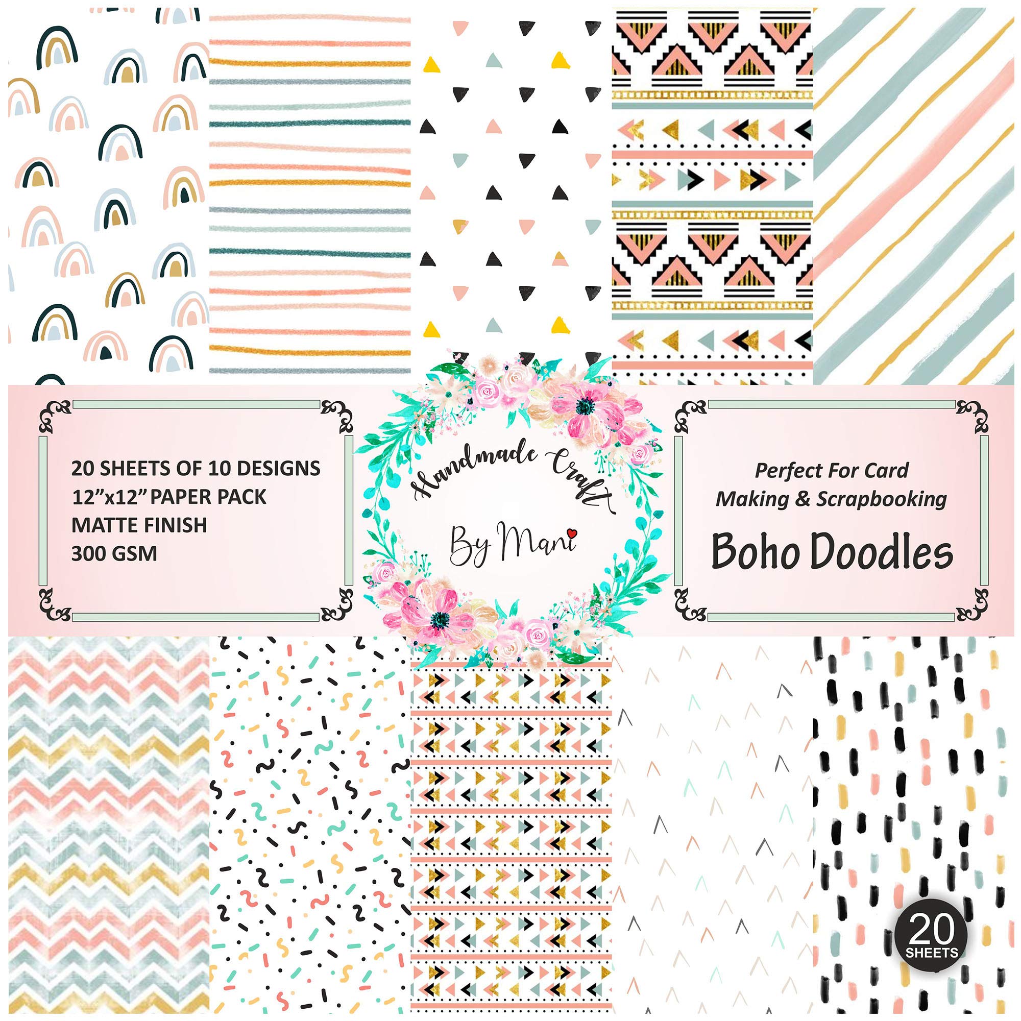 Dheett Scrapbooking Paperpack 12 Inches 20 Decorative Craft Scrapbook Paper Designer Sheets 300 GSM Matte Finish Perfect for Making Greeting Cards Envelops Explosion Boxes and Albums - Boho Doodles