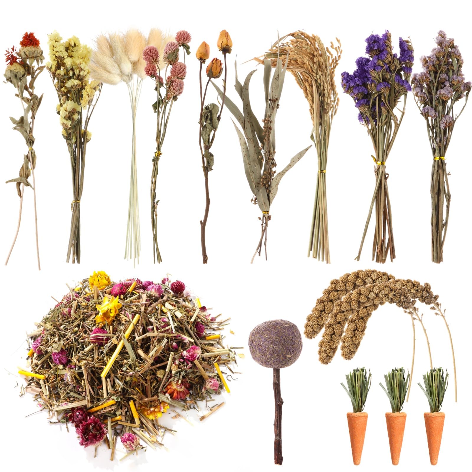 Homaisson Erbe naturali spray per criceti, decorazione per gabbia di criceti, semi di grano, fiori secchi per criceti, gerbilli siriani nani, porcellini d'India